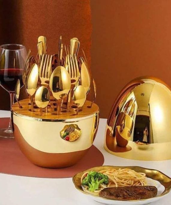 36-piece executive egg-shaped gold cutlery set with decorative holder for organized storage of knives, forks, and spoons by Teedee Haven Essentials